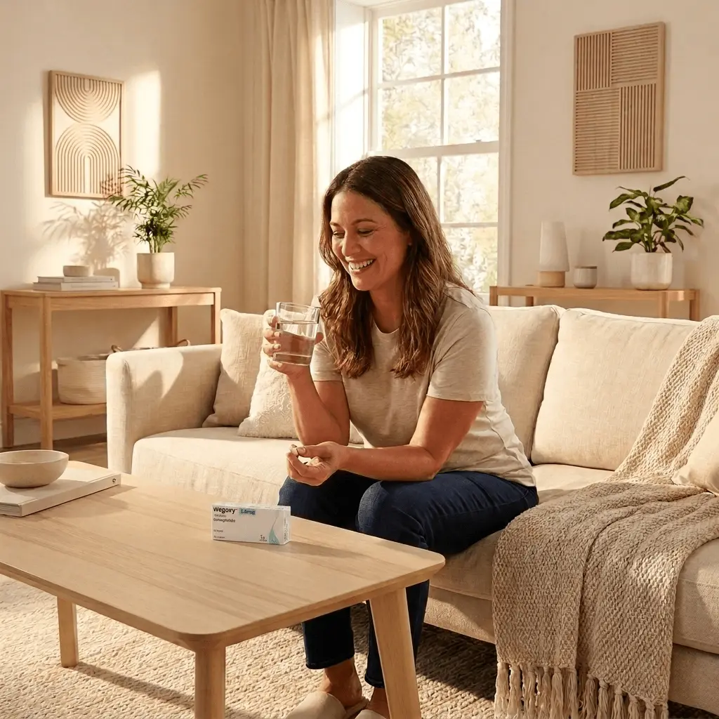 Woman taking her daily Wegovy Pill at home with a glass of water